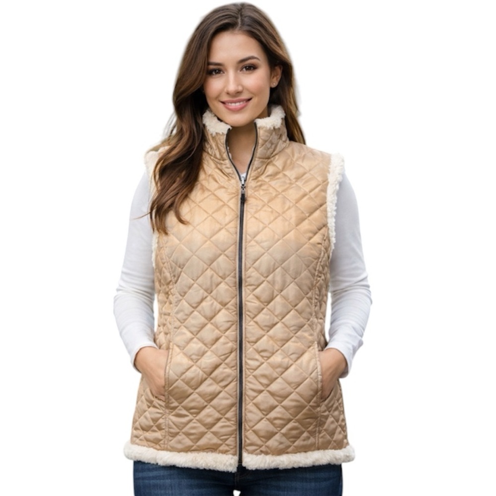Denim & Co gold and white faux fur reversible vest women’s small
